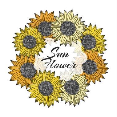 Image with sunflowers. Framing with sunflowers. Round sunflowers frame. Discount 50 percent. Vector illustration clipart