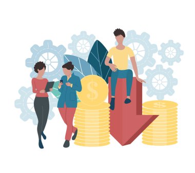 Varsayılan vektör ilülasyonu. Bir adam bir okun üzerine oturur, yanında bir yığın bozuk para, ellerinde tablet ve telefon olan kadınlar, bir dişlinin arka planına yaslanır ve gider..