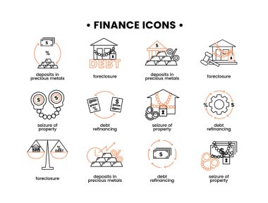 Mali işler. Mülke el koyma, haciz, borç yeniden finanse etme, değerli metallerde mevduat gibi simgelerin vektör çizimi.