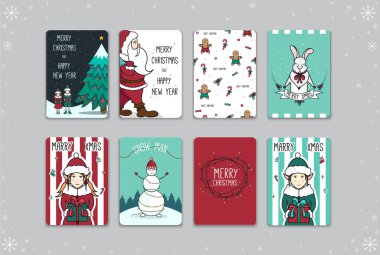 Yeni yıl kartları ile görüntü. Noel ağacı ve elfler, Noel Baba, zencefilli ekmek ve karamel adam, tavşan, elf kız, kardan adam, çelenk, elf çocuk. Vektör illüstrasyonu.