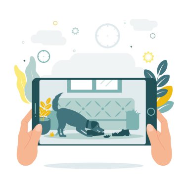 Güvenlik kameraları görüntüsü. Uzaktan erişim. Bir adam tablet ya da telefona bakar ve köpeğin bir şeyler çiğnediğini görür. Gözetleme kamerasıyla köpeğe bakıyorum. Vektör illüstrasyonu.