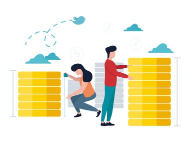 Ekonometri: farklı boyutlarda banknotlar, insanlar bunları şerit ve cetvellerle ölçüyorlar. Vektör illüstrasyonu.