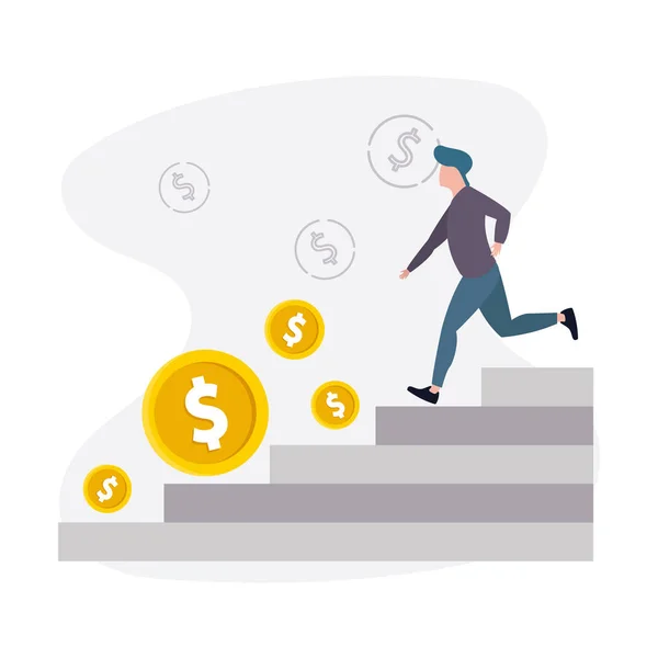 Dévaluation. Les pièces en dollars roulent dans les escaliers. Un homme essaie de rattraper son retard. Un homme descend les escaliers. Illustration vectorielle. — Image vectorielle