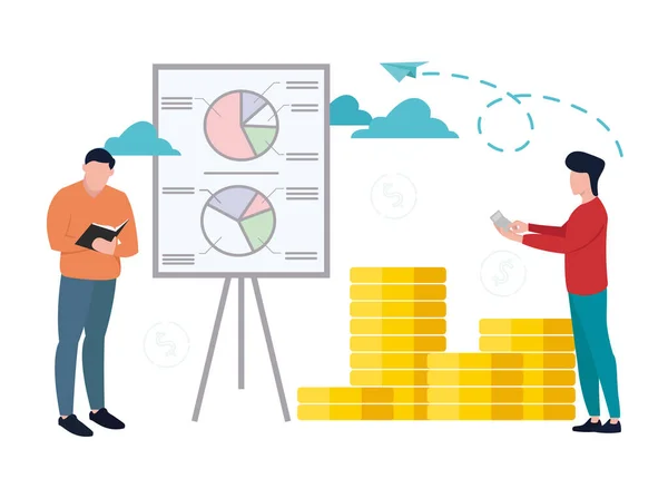 Econometria. Um homem está ao lado de um tripé. Diagramas no cartaz. O homem está a contar com uma calculadora. Ilustração vetorial. —  Vetores de Stock