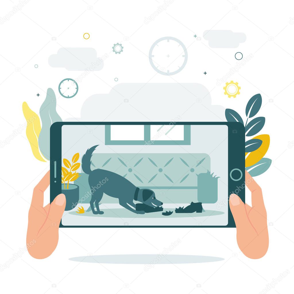 CCTV.Video Surveillance. Remote access. A man looks into a tablet or phone and seeing that the dog is chewing on things. Watching the dog with video surveillance. Vector illustration.