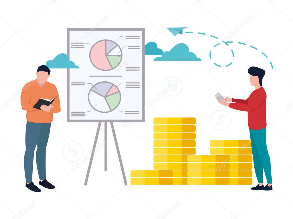 Econometrics. A man stands next to a tripod. Diagrams on the poster. The man is counting on a calculator. Vector illustration.
