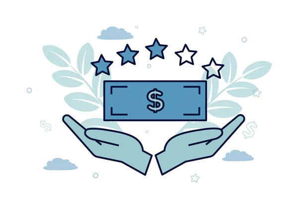 Logo des services d'évaluation. Logo avec l'image d'un dollar dans les mains et les étoiles. Illustration vectorielle. — Image vectorielle