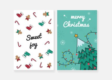 Noel kartları. Noel desenli bir kartpostal. İçinde Noel ağacı ve çelenk olan bir kartpostal. Vektör illüstrasyonu.