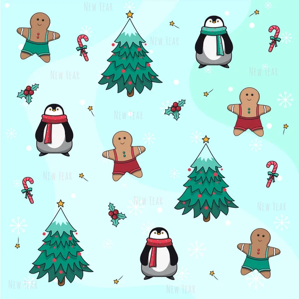 Fundo de Natal. Imagem de Natal com pinguins, abetos, caramelos, azevinho. Ilustração vetorial. — Vetor de Stock