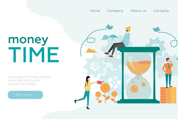 Wesite header. Time management. The girl sits on a large hourglass. The girl waters the coins. A man stands on a stack of coins. Vector. — Stock Vector