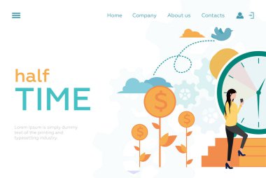 Web sitesi başlığı. Zaman yönetimi. Kız büyük saate ulaşmak için merdivenleri çıkıyor. Bozukluklar saate yakın büyür. Vektör.