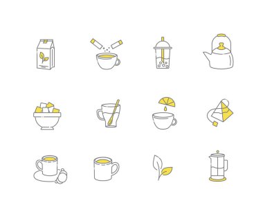 Çay doğrusal simgeleri. Çay içmek için her şey var. Vektör