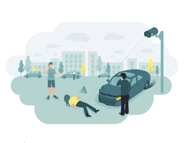 Surveillance vidéo. La vidéosurveillance. Une caméra de surveillance vidéo a enregistré un accident de la circulation. La voiture a renversé un homme. Un piéton se trouve sur la route. Illustration vectorielle. — Image vectorielle