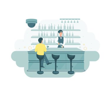 Barda güvenlik kamerası var. Bir CCTV kamerası ziyaretçileri ve barmeni izliyor. Bar güvenliği. CCTV vektörü.