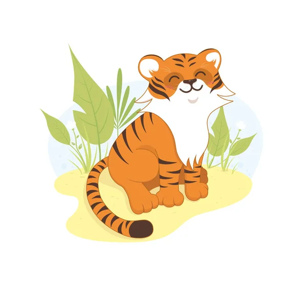 Tiger sitzt auf einer Wiese und lächelt. Vektorillustration. — Stockvektor