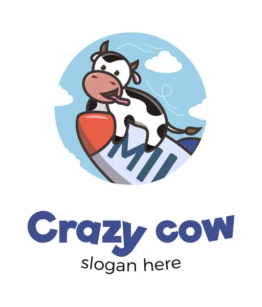 Una vaca loca vuela en un cohete a través de las nubes, sacando su lengua. Imagen vectorial. — Archivo Imágenes Vectoriales