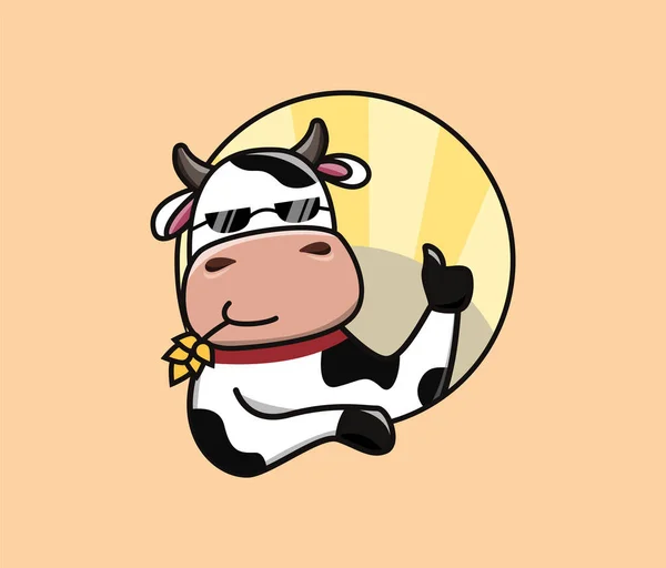 Logotipo con una vaca mostrando clase en el fondo del campo en gafas de sol. Imagen vectorial. — Vector de stock