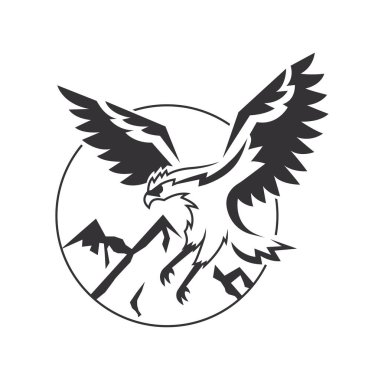 Üzerinde uçan kartal ve siyah beyaz dağlar olan logo. Vektör resmi.