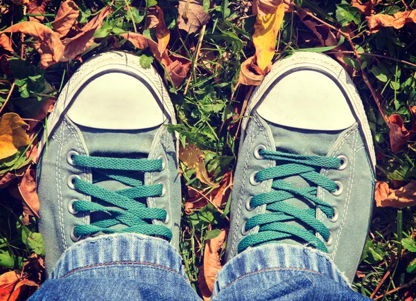 노란 나뭇잎에 남성 녹색 신발 — 스톡 사진