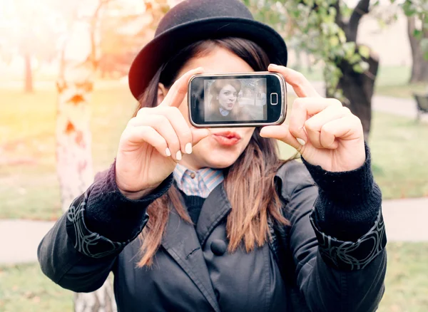 Hipster stylish woman selfi — Stock Photo, Image