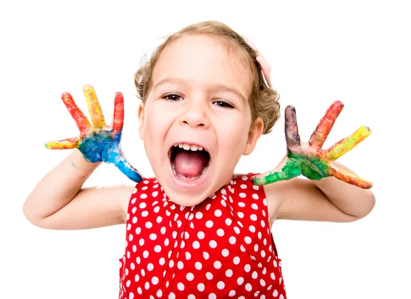 Criança positiva com mãos coloridas — Fotografia de Stock