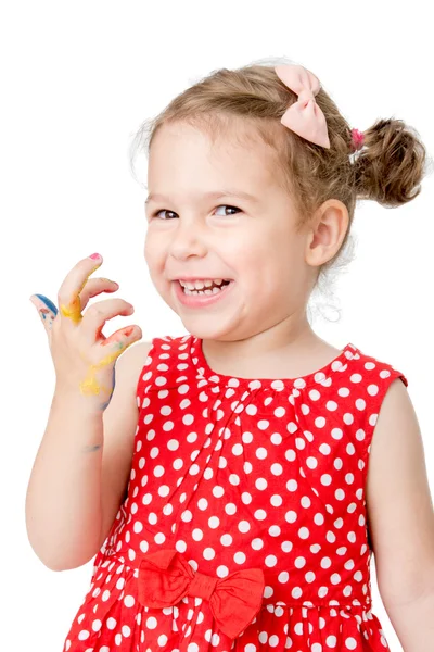 Menina positiva com as mãos coloridas — Fotografia de Stock