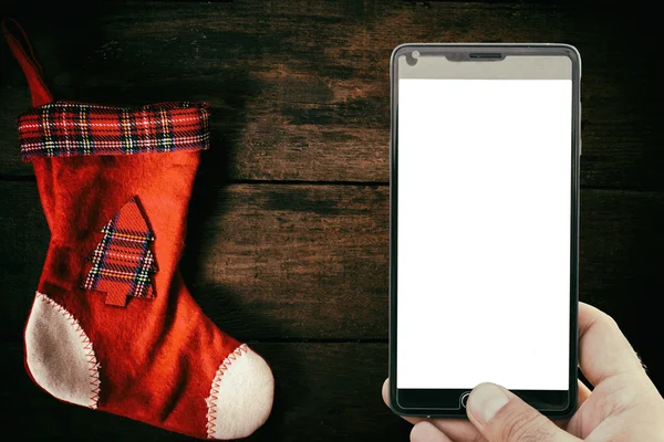 Calcetín de Navidad y pantalla en blanco —  Fotos de Stock