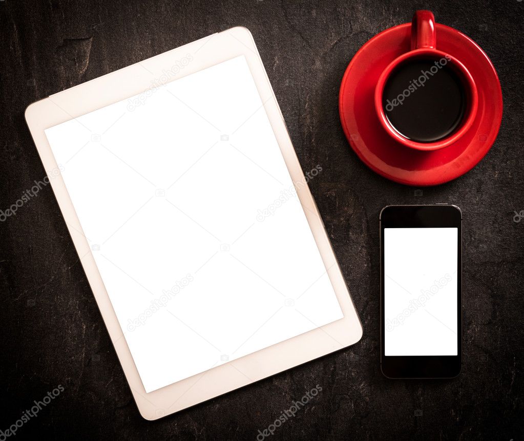 Tablet,phone and coffee