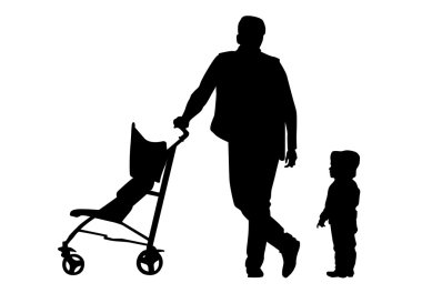 Babası bir bebek arabası ve bir bebek ile 