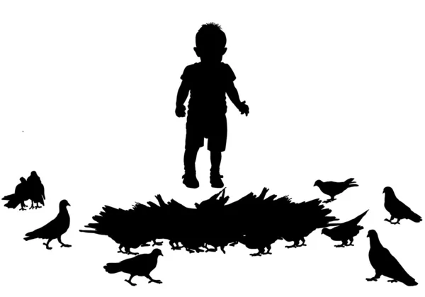 Niño y aves — Vector de stock