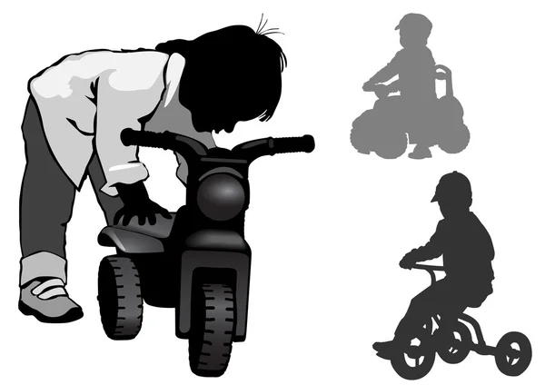 Ein Junge steht mit einem Fahrrad — Stockvektor