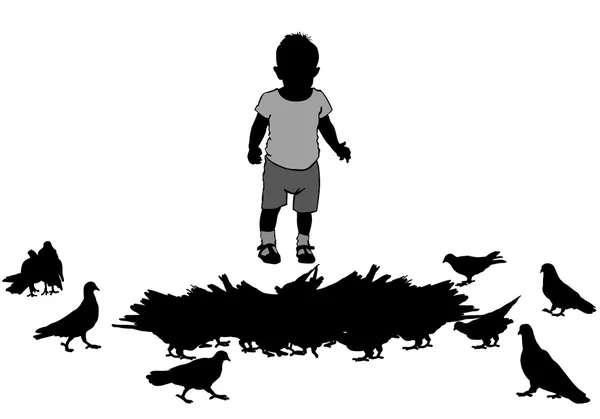 Niño y aves — Vector de stock