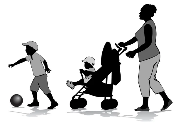 Madre con hijos a pie — Vector de stock