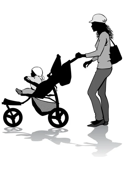 母亲和儿童的步行 — 图库矢量图片