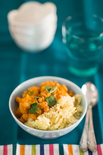 Pumpkin curry with chick-peas and rice indian cuisine — Stock Photo, Image