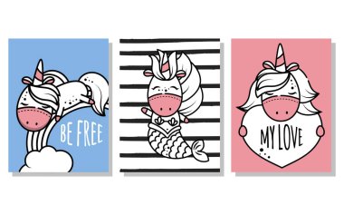 Sihirli tek boynuzlu atların olduğu bir kart seti. Çocuk partisi, doğum günü, pankart ve kartpostallar için davetiye kullan. Sosyal ağlar ve telefonlar için kapak.