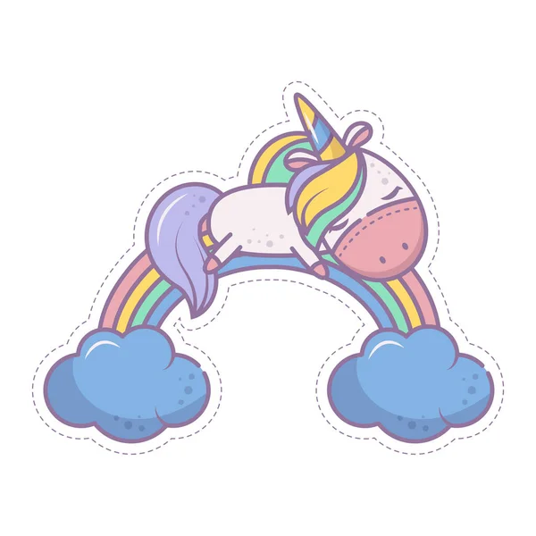 Ein niedliches Einhorn schläft auf einem Regenbogen am Himmel. Isoliertes Objekt auf weißem Hintergrund. Ikone im Stil eines Cartoons. Aufkleber für Kinder. Lineare Illustration Stockillustration