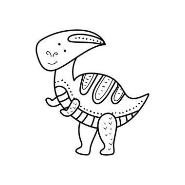 Resimli dinozor parasaurolophus doodle stili. Beyaz arka planda izole edilmiş bir nesne. Çocuk aktiviteleri için ejderha boyama sayfalarına benzeyen Jurasik döneme ait bir hayvan.