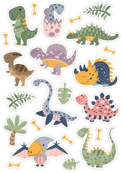 Ein Satz Sticker mit niedlichen lustigen Dinosauriern im skandinavischen Stil. Jurassische Tiere. druckbare Vorlage für Kinderetiketten. Vereinzelte Objekte auf weißem Hintergrund Stockvektor