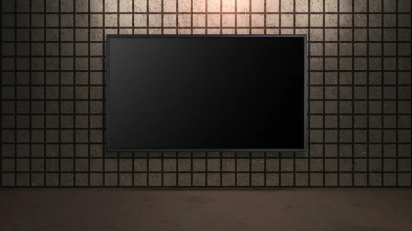 Blank wide screen TV with square brick brown wall in room — Stock Photo, Image