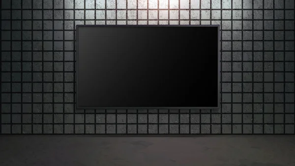 TV de pantalla ancha en blanco con pared cuadrada de ladrillo en la habitación — Foto de Stock