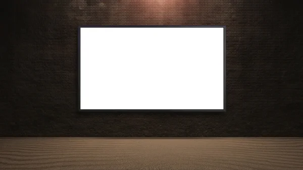 LED-Fernseher auf dunkler Felswand mit weißem Bildschirm — Stockfoto