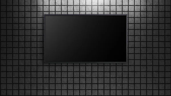 Led tv display on grey square bricks wall turn off — Stock Photo, Image