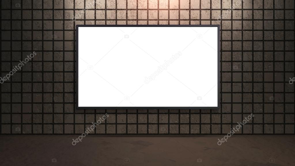 blank white wide screen TV with brown brick wall in room