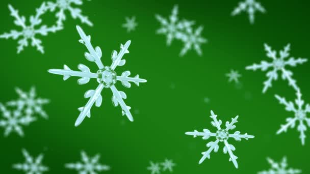Kepingan salju memfokuskan latar belakang video 4K hijau — Stok Video