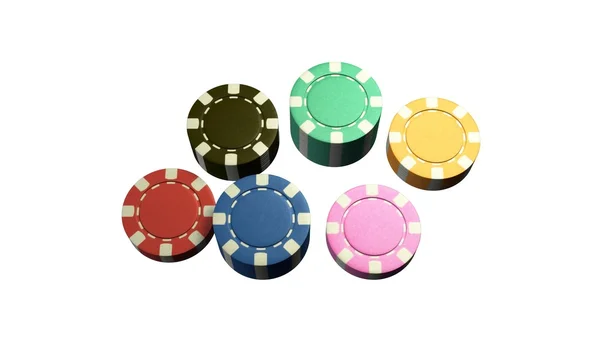 Chip del casinò di 6 colori sfondo bianco — Foto Stock