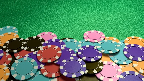 Casino colorful chips show hand front table — Stock Photo, Image