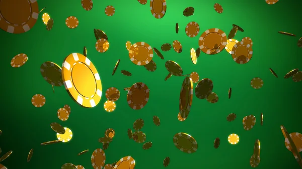 Dourado casino chips fundo verde — Fotografia de Stock