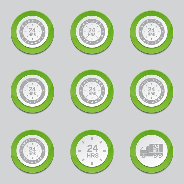 24 Horas Serviços Ícones de botão verde — Vetor de Stock