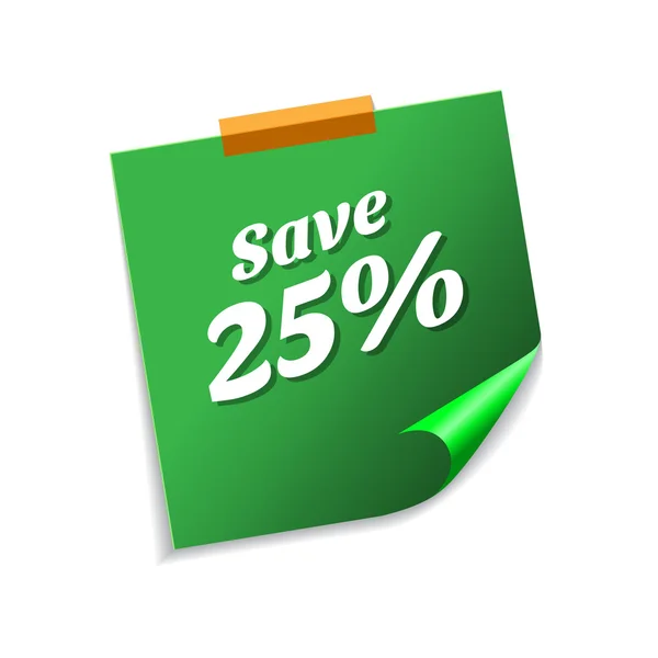 Save 25 Percent Green Sticky Notes Vector Icon Design — Stock Vector